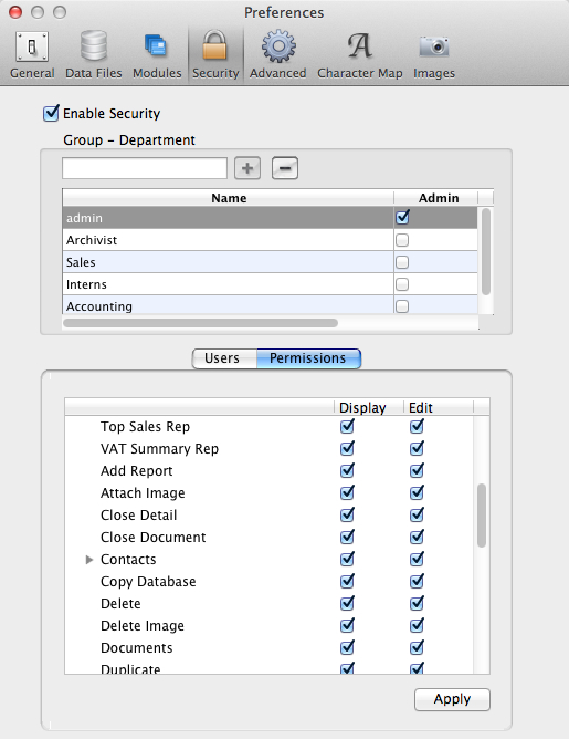 Security Access Preferences View