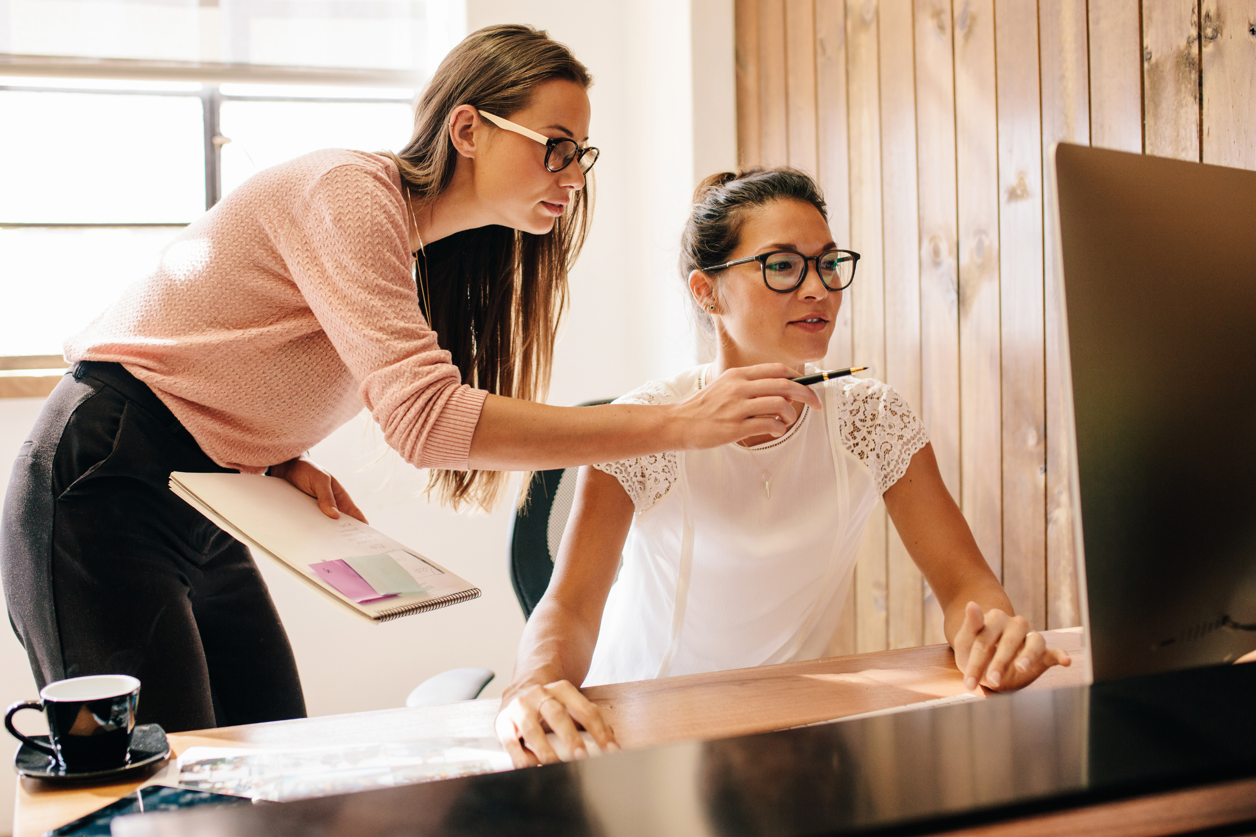 Decorative image of two women looking at a computer.